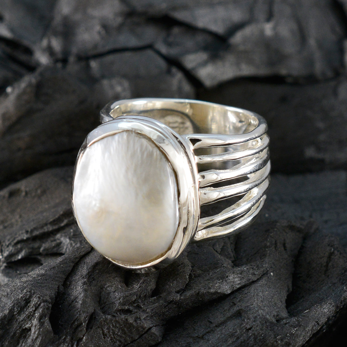Pearl Solitaire French Sterling Silver White Gemstone Statement Armor Ring Jewelry