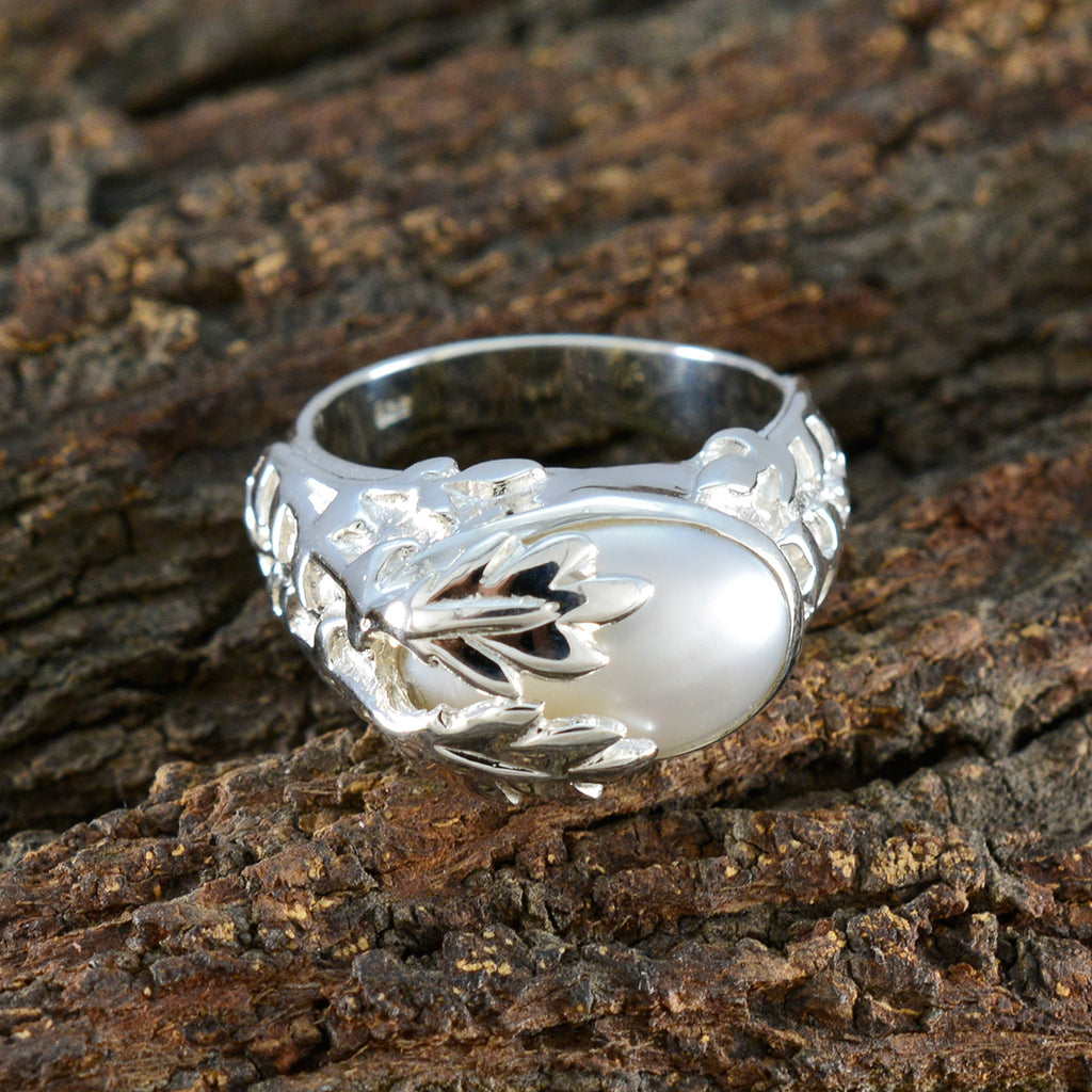 Pearl Solitaire Egyptian 92.5 Silver White Gemstones Essential  Leafy Ring Jewellery