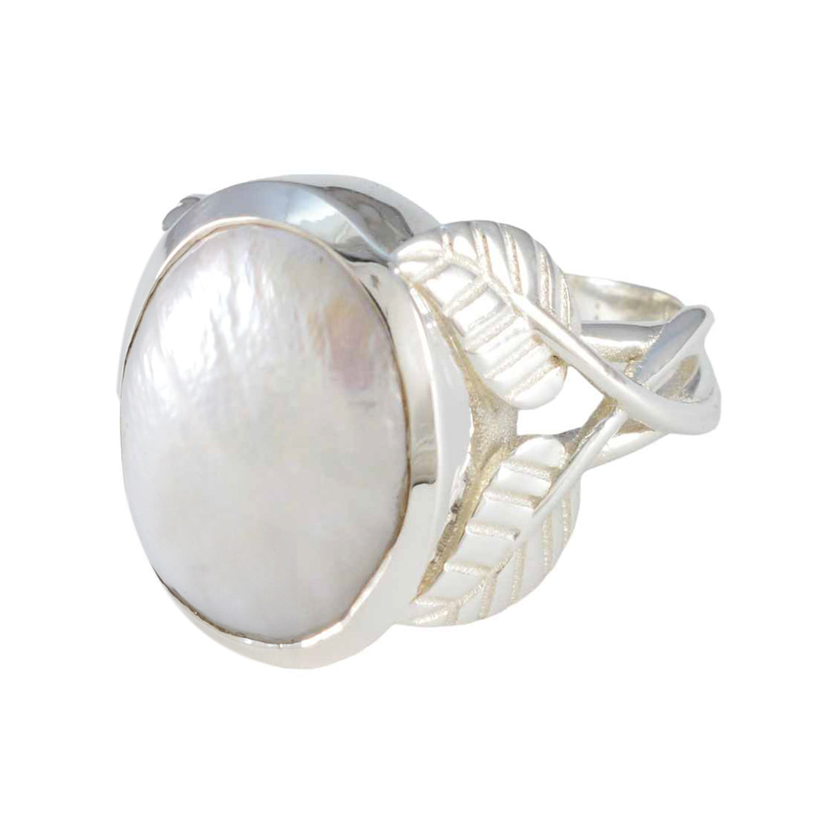 Pearl Solitaire Italian 925 Silver White Gems Statement Leafy Ring Jewellery Main image