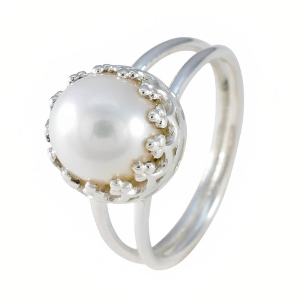 Pearl Solitaire Russian 925 Sterling Silver White Gemstone Minimal Fairytale Ring Jewelry