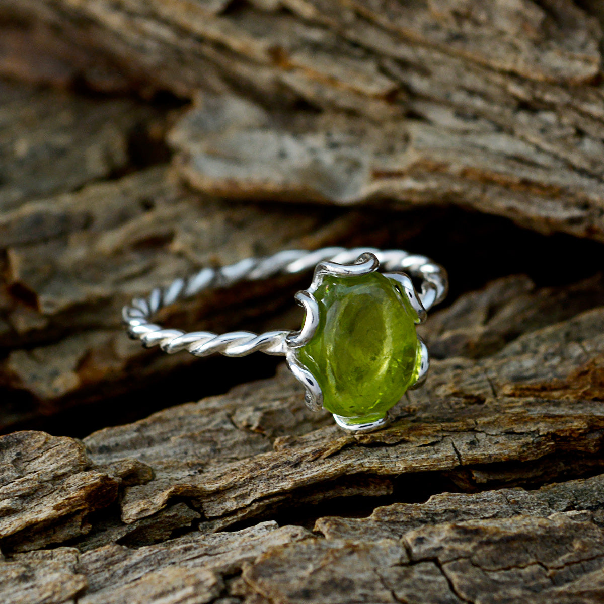 Peridot Solitaire American 925 Sterling Silver Green Gemstone Elegant  Twist Ring Jewelry