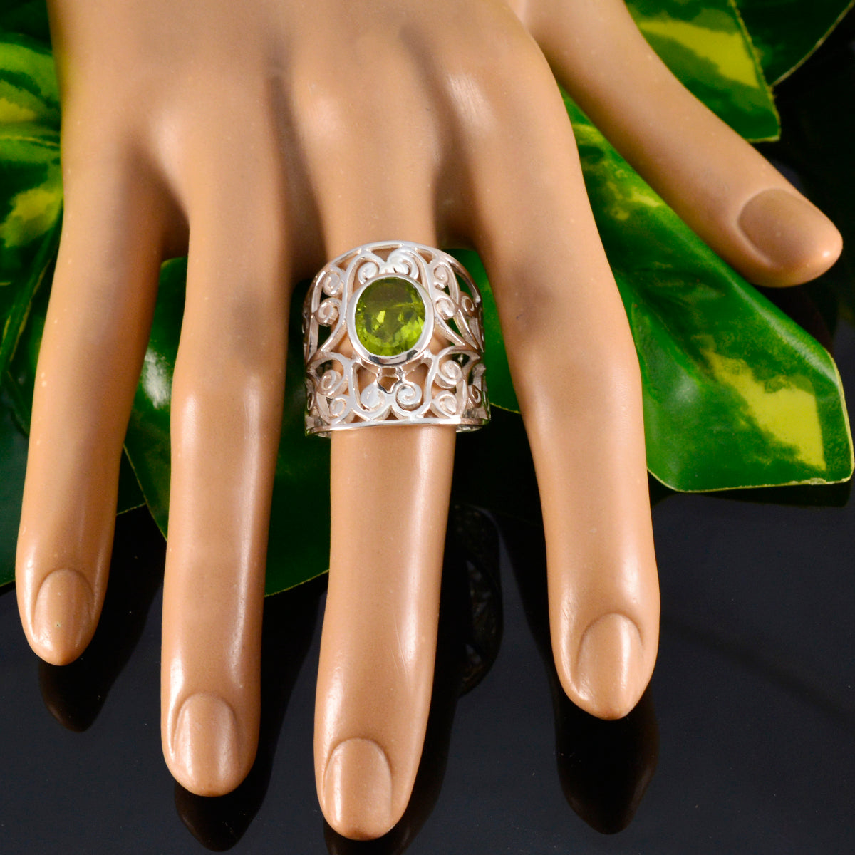 Peridot Solitaire Italian Silver Green Gemstone Versatile Filigree  Ring Jewellery