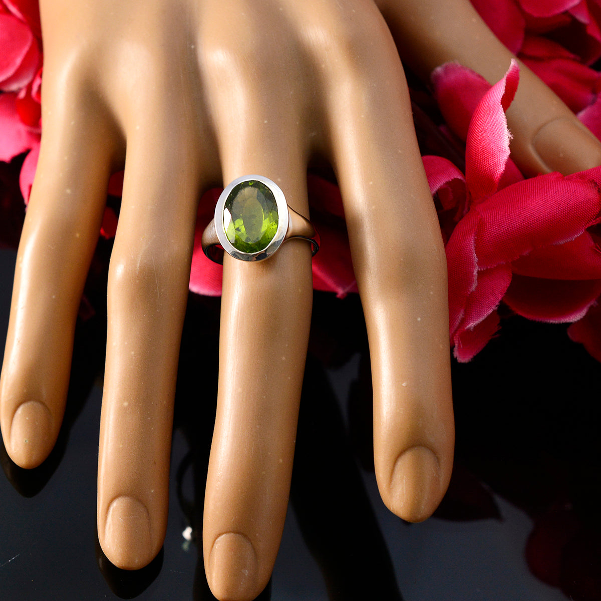 Peridot Solitaire French 925 Sterling Silver Green Gems Minimal Abstract Ring Jewelry