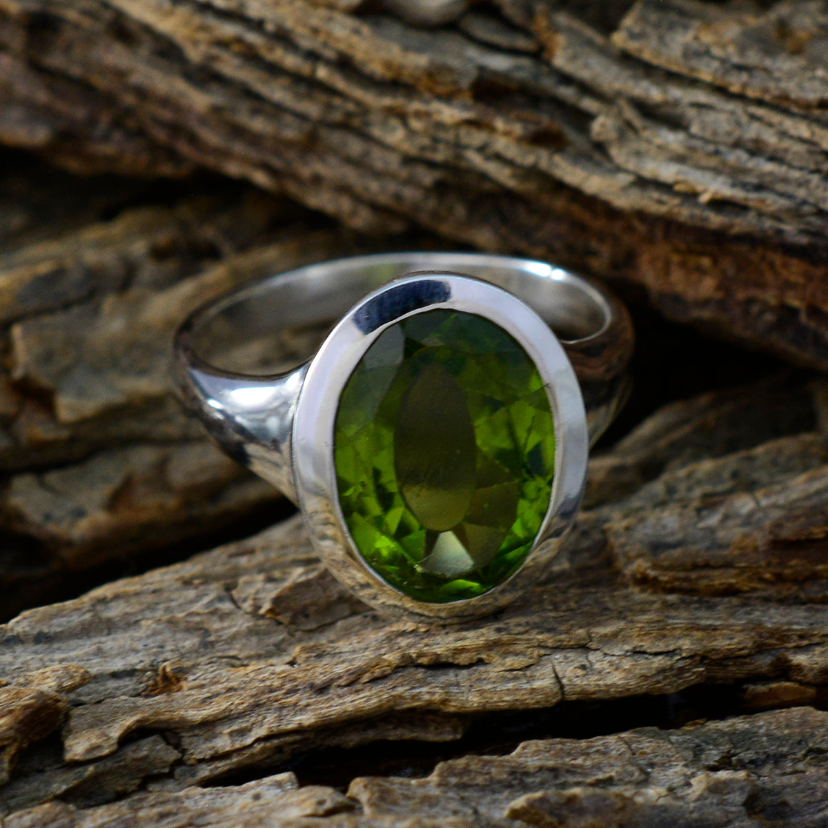 Peridot Solitaire French 925 Sterling Silver Green Gems Minimal Abstract Ring Jewelry