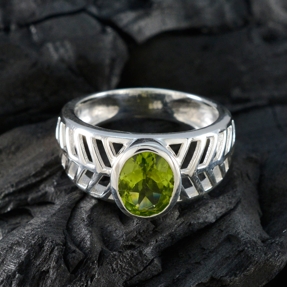 Peridot Solitaire German 925 Silver Green Gemstones Minimal Art Deco Ring Jewelry