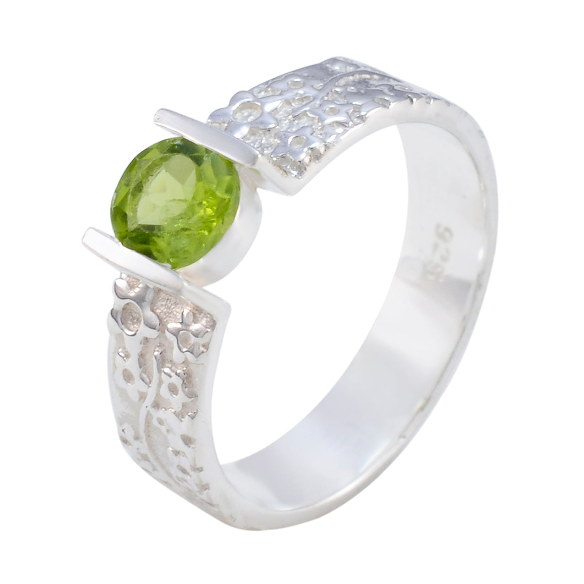 Anillo solitario de peridoto africano en plata de ley 925 con gemas verdes, joyería moderna y diminuta. Imagen secundaria del producto