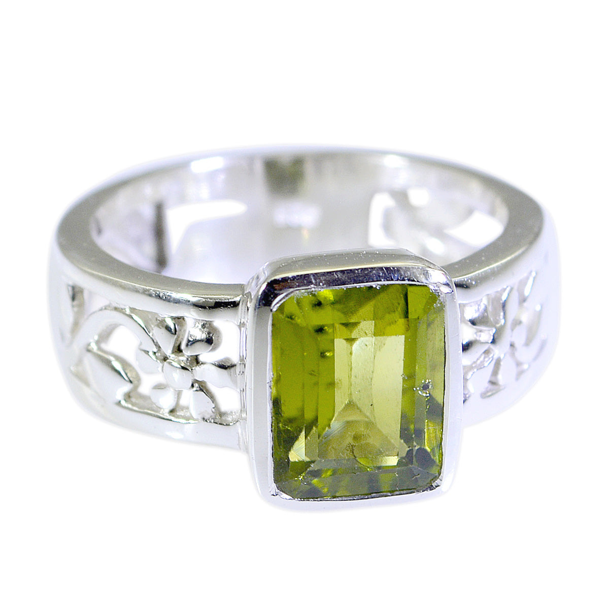 Peridot Solitaire Russisch zilver Groene edelstenen Opvallende Art Deco bandsieraden Secundaire afbeelding