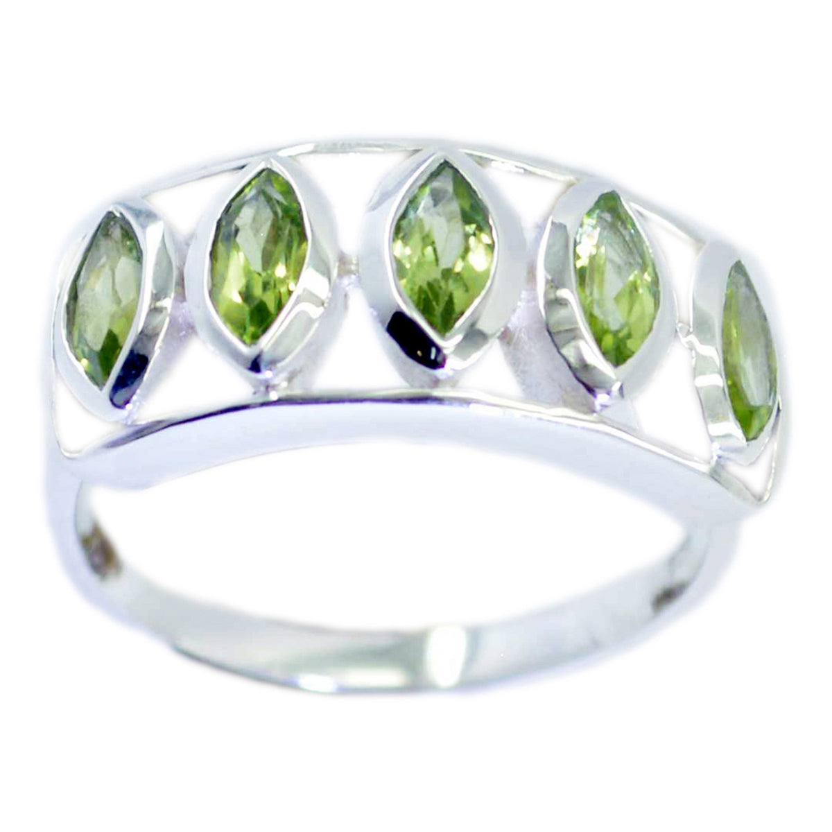 Peridot Penta Russian 925 Sterling Silver Green Gemstones Slim Modern Ring Jewellery