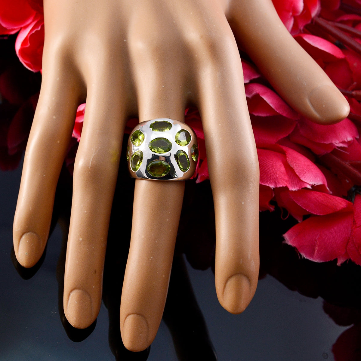 Peridot Navratna Egyptian 92.5 Silver Green Gemstones Versatile Contemporary Ring Jewellery