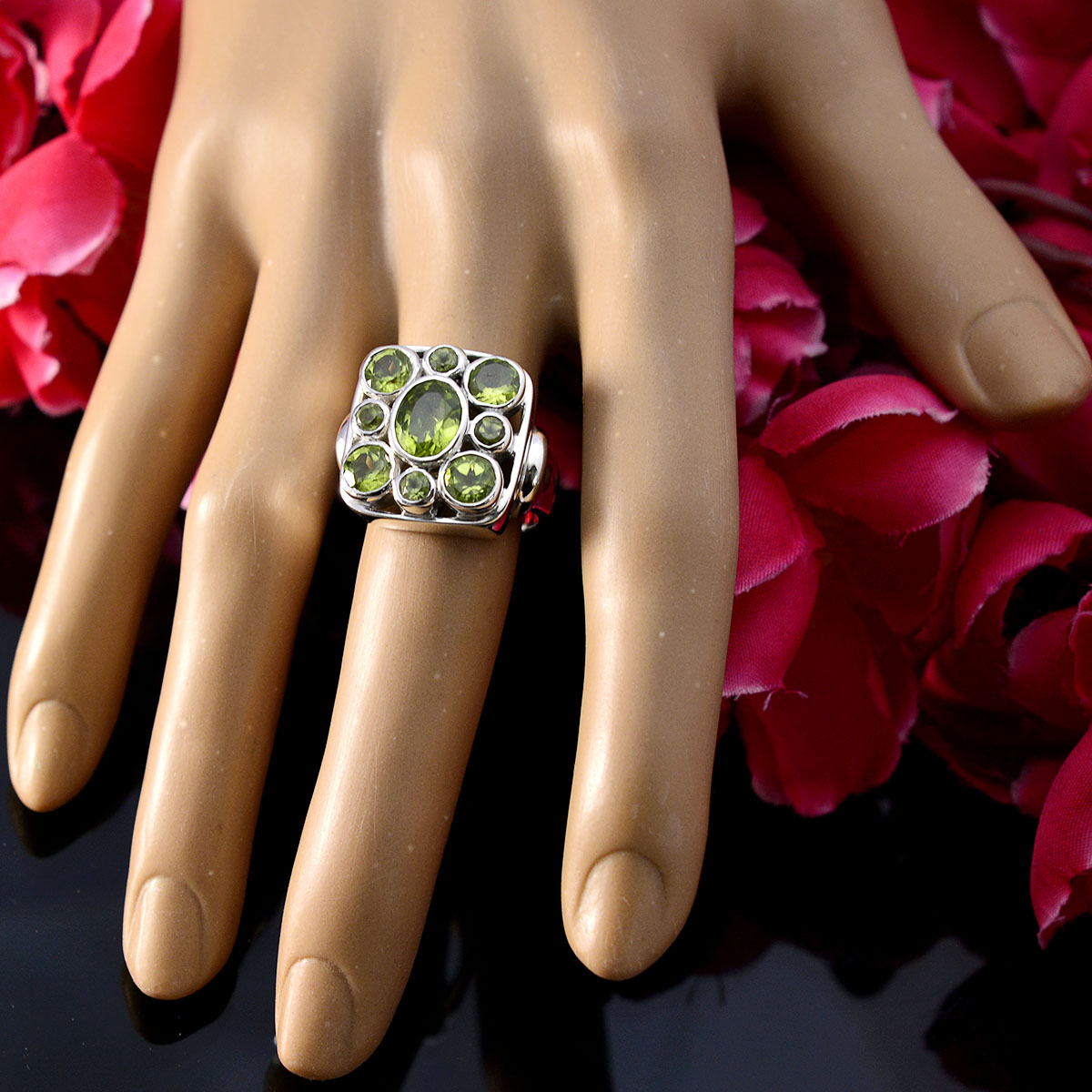 Peridot Navratna Spanish Sterling Silver Green Gemstones Statement Retro Ring Jewelry