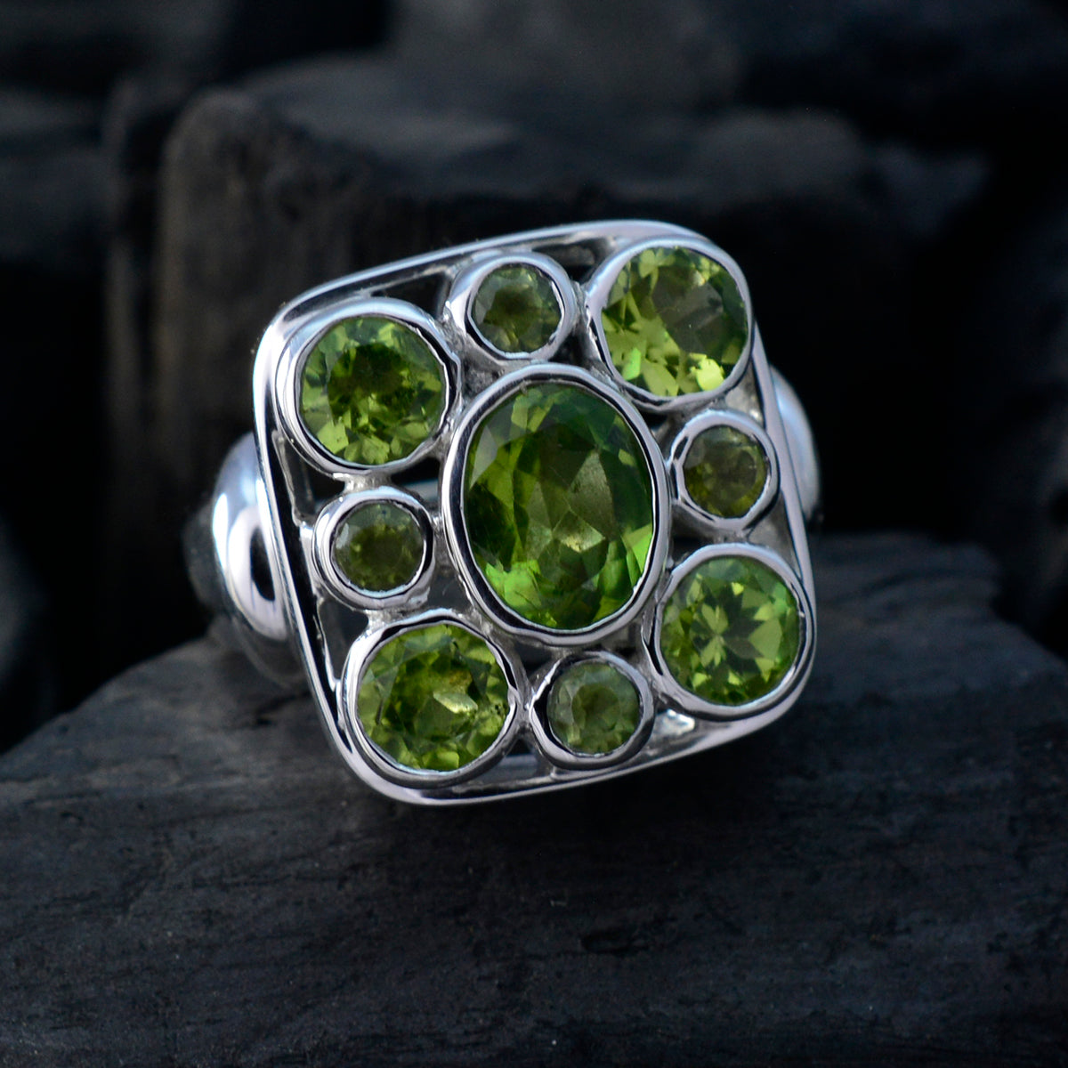 Peridot Navratna Spanish Sterling Silver Green Gemstones Statement Retro Ring Jewelry
