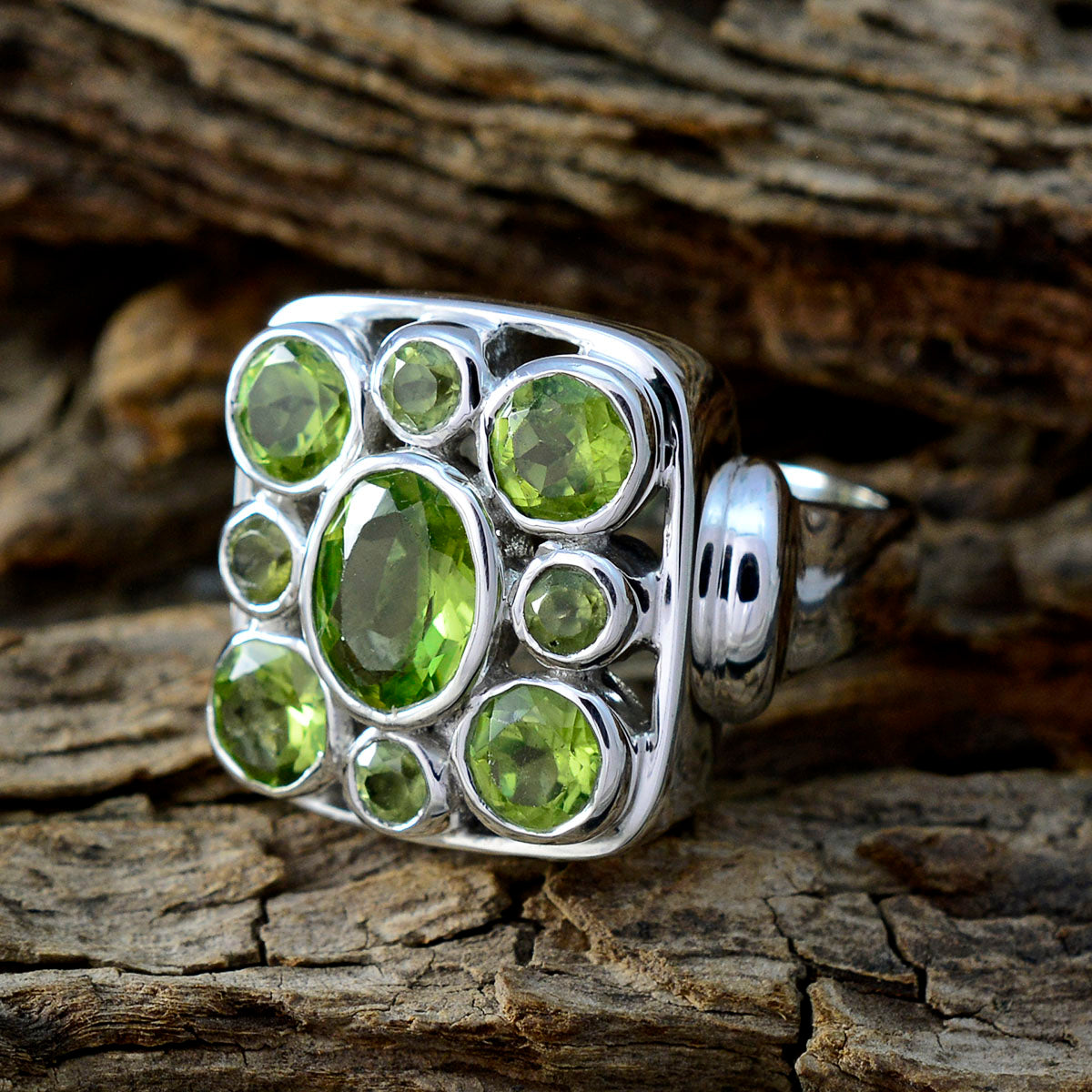 Peridot Navratna Spanish Sterling Silver Green Gemstones Statement Retro Ring Jewelry