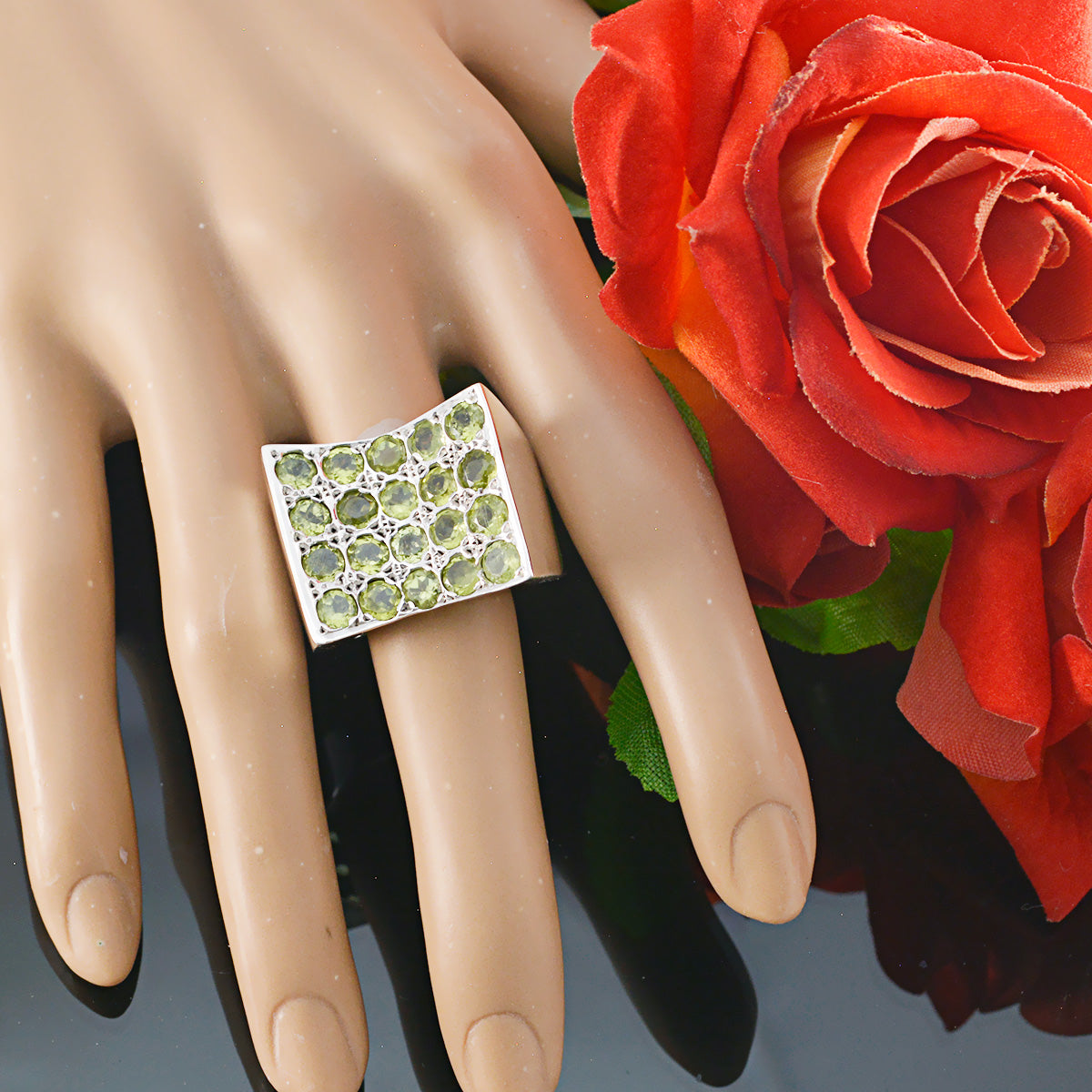 Peridot multiple German Sterling Silver Green Gems Chunky Cocktail Ring Jewellery