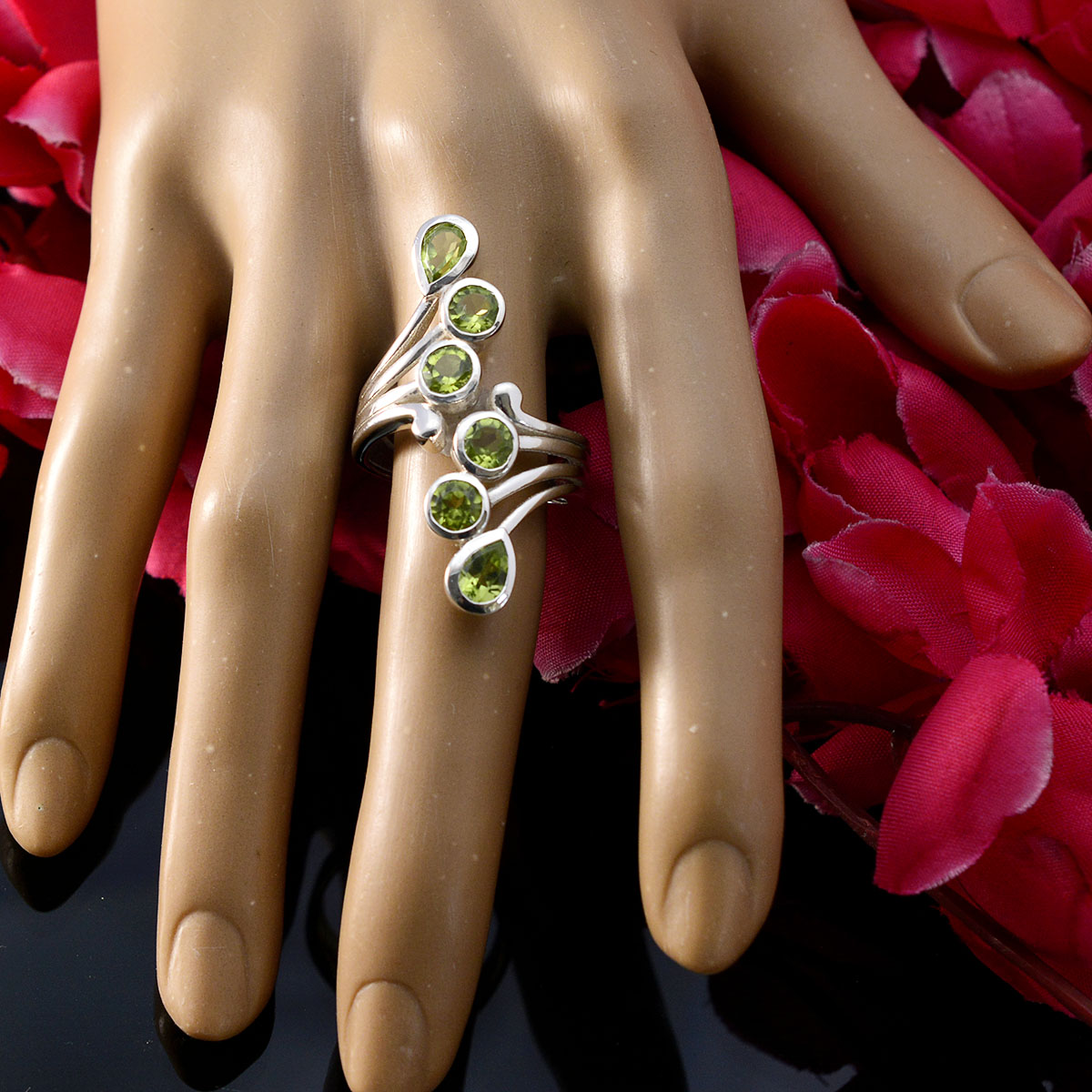 Peridot Hexa Indian Sterling Silver Green Gems Versatile Contemporary Ring Jewelry