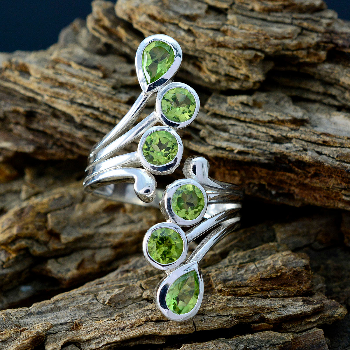 Peridot Hexa Indian Sterling Silver Green Gems Versatile Contemporary Ring Jewelry