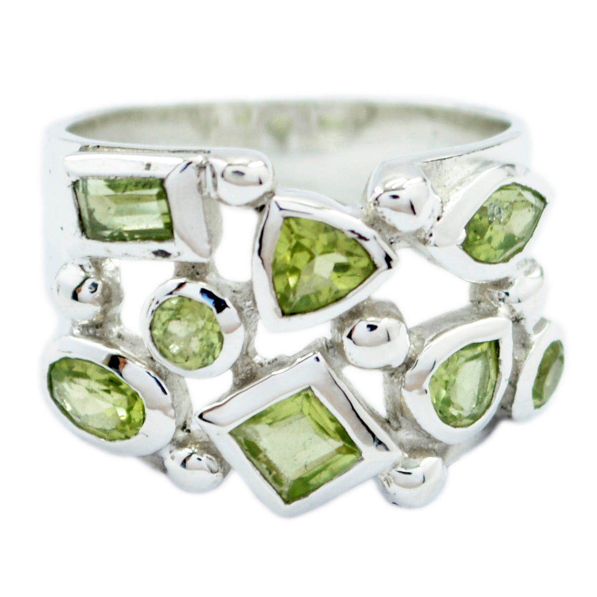 Peridot multiple Russian 92.5 Silver Green Gems Eye catching Abstract Ring Jewelry