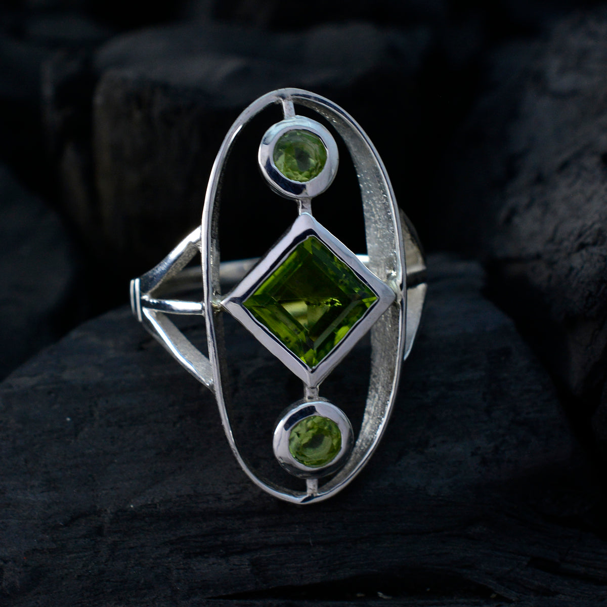 Peridot Trilogy Egyptian 92.5 Silver Green Gemstone Slim Modern Ring Jewelry