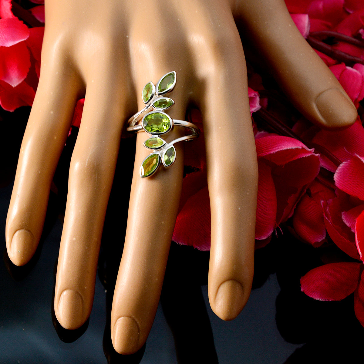 Peridot Hepta Moroccan Sterling Silver Green Gemstones Classic Leafy Ring Jewellery