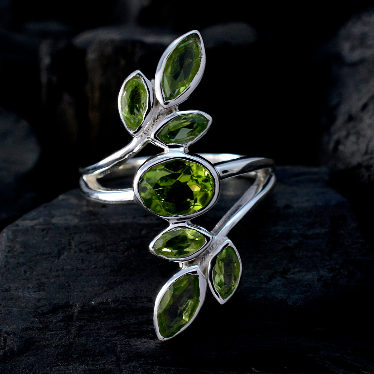 Peridot Hepta Moroccan Sterling Silver Green Gemstones Classic Leafy Ring Jewellery