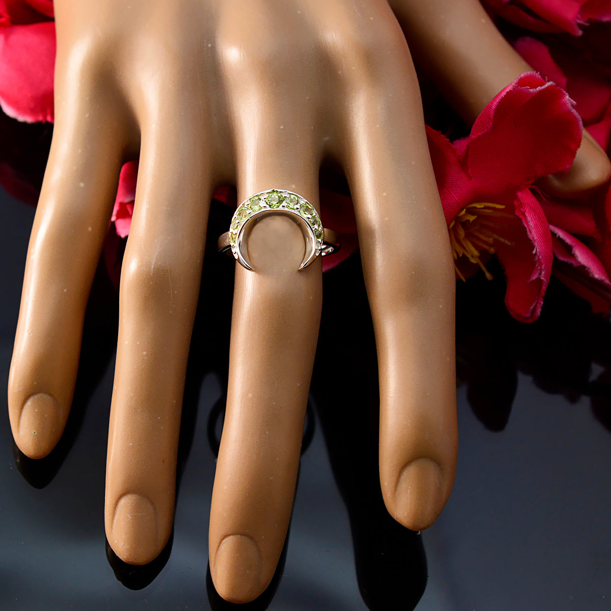 Peridot multiple Korean 925 Silver Green Gemstones Whisper thin Graceful Ring Jewelry