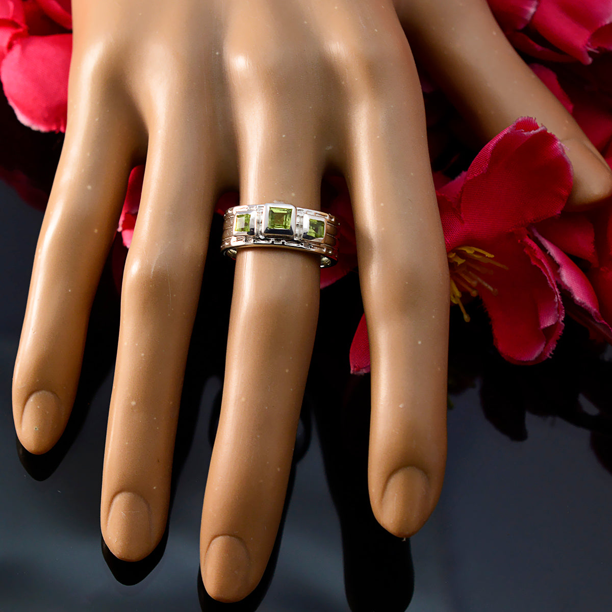 Peridot Trilogy Russian Silver Green Gems Eye catching Boho Band Jewelry