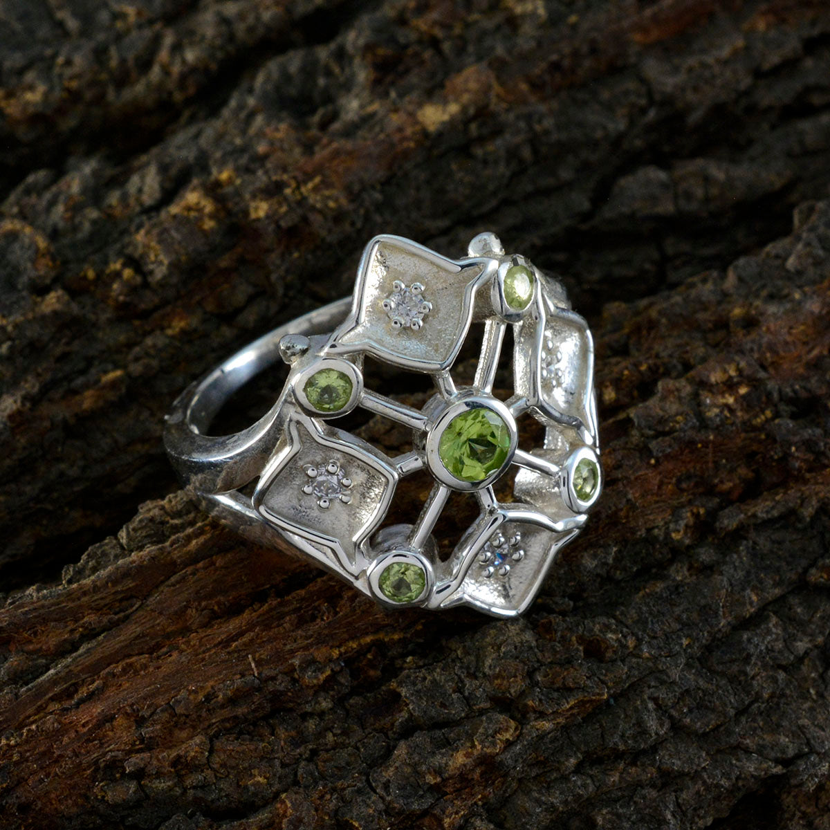 Peridot Penta Indian 92.5 Silver Green Gemstones Eye catching Abstract Ring Jewelry