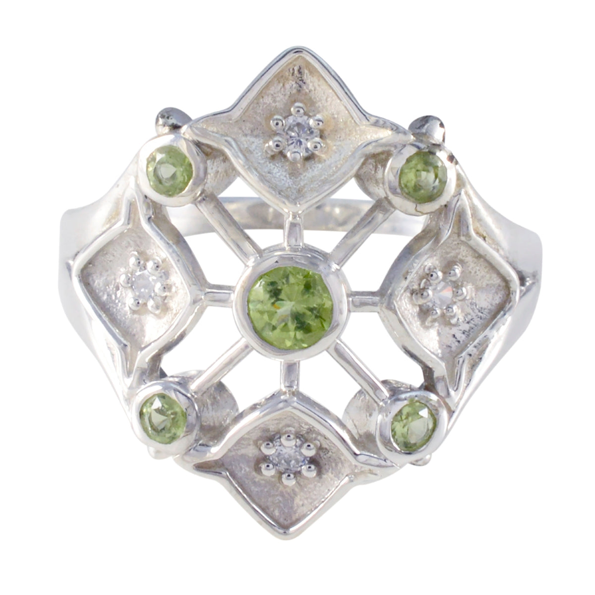 Peridot Penta Indian 92.5 Silver Green Gemstones Eye catching Abstract Ring Jewelry