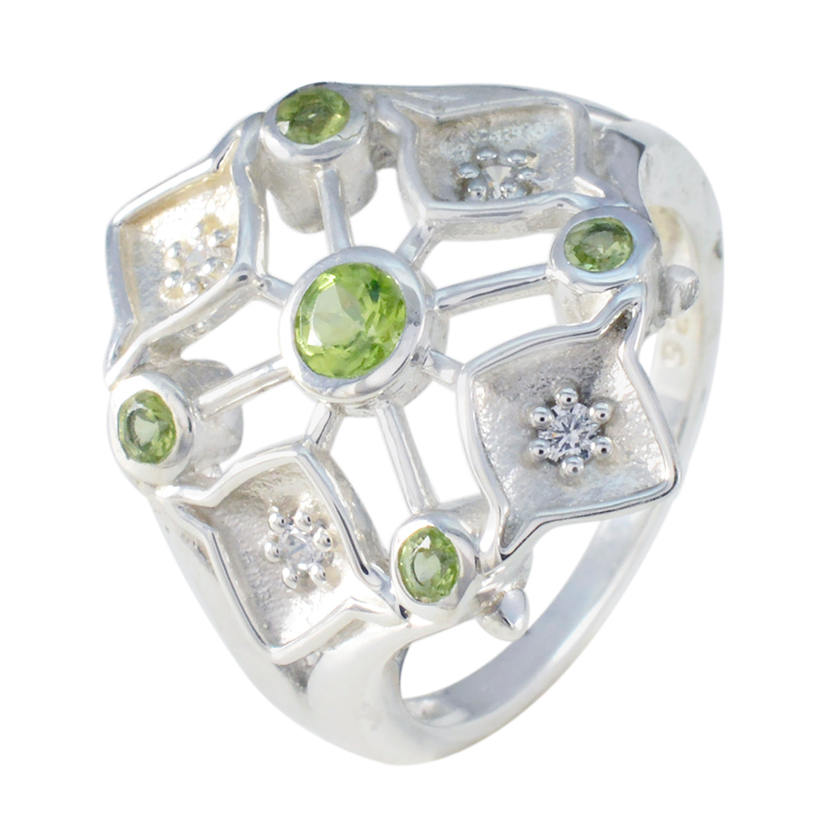 Peridot Penta Indian 92.5 Silver Green Gemstones Eye catching Abstract Ring Jewelry