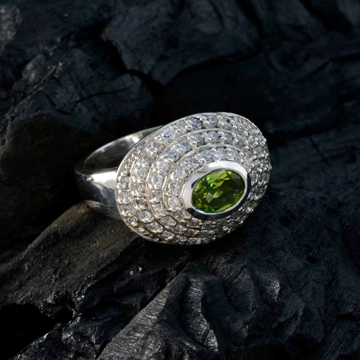 Peridot Halo Russian 92.5 Silver Green Gems Essential  Trendy Ring Jewellery