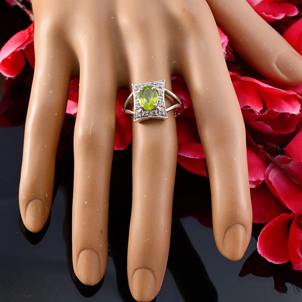 Peridot Halo Korean Sterling Silver Green Gemstone Whisper thin Sophisticated Ring Jewelry