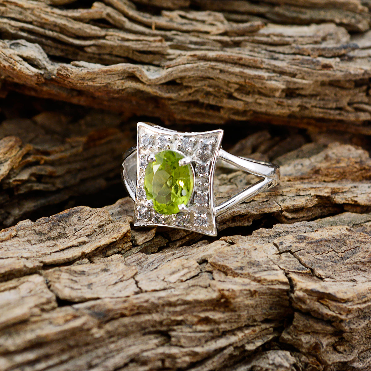 Peridot Halo Korean Sterling Silver Green Gemstone Whisper thin Sophisticated Ring Jewelry