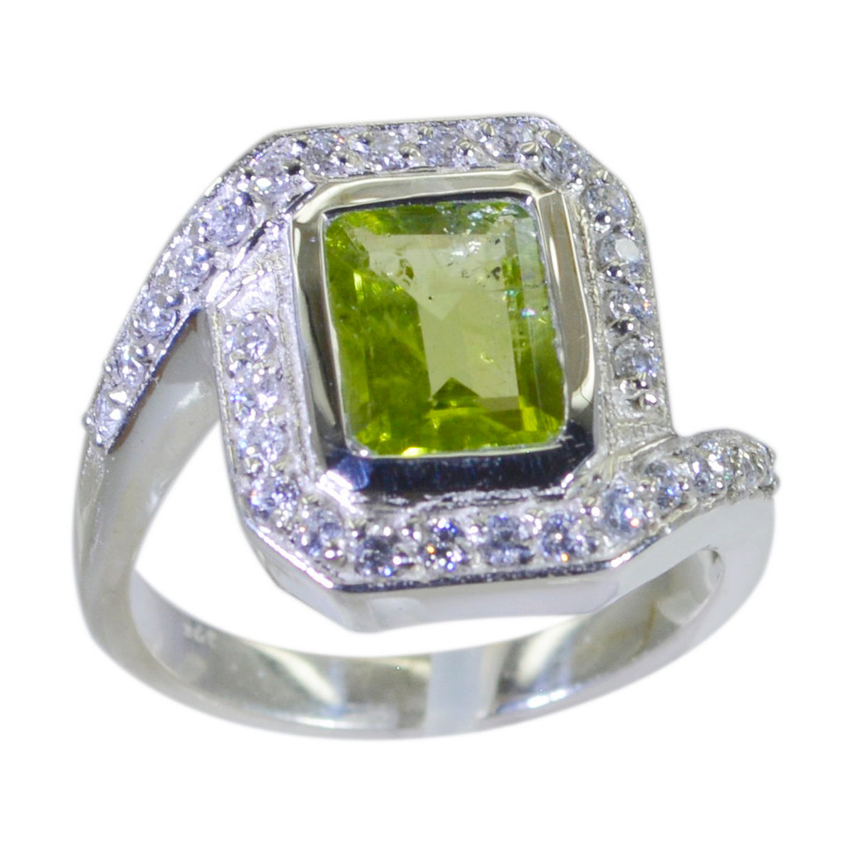 Peridot Halo Französisch Silber Grün Edelstein Auffälliger zeitgenössischer Ring Schmuck