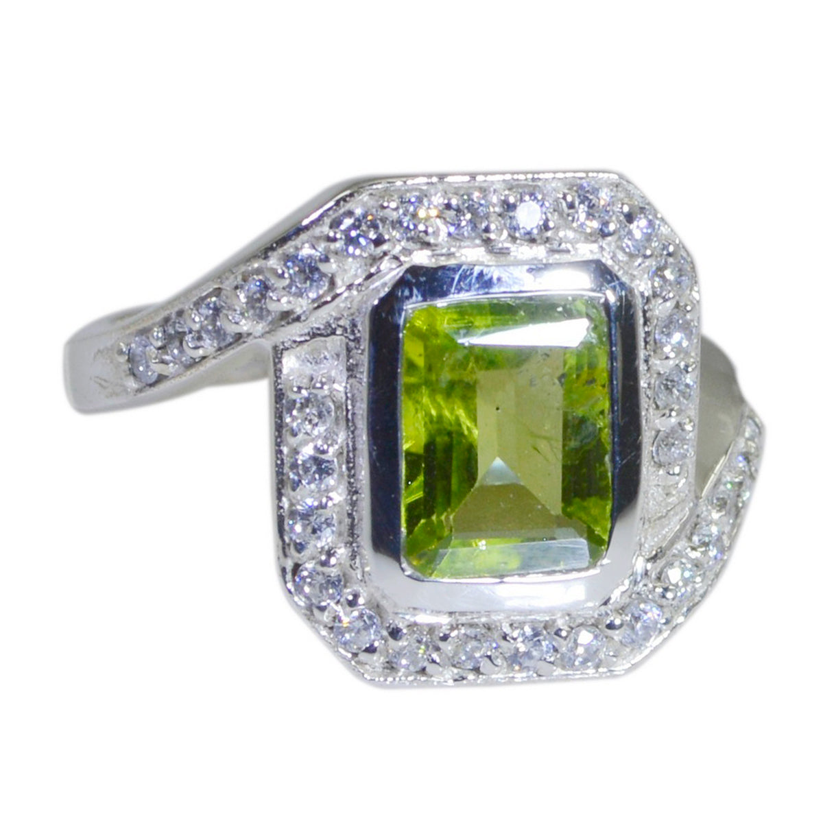Anello contemporaneo accattivante con pietra preziosa verde in argento francese e alone di peridoto Immagine secondaria del prodotto