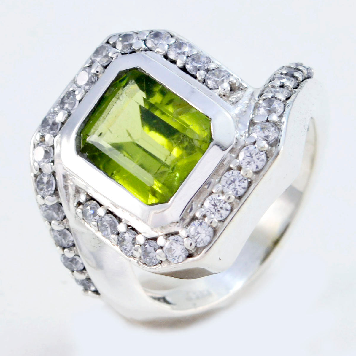 Peridot Halo Französisch Silber Grün Edelstein Auffälliger zeitgenössischer Ring Schmuck