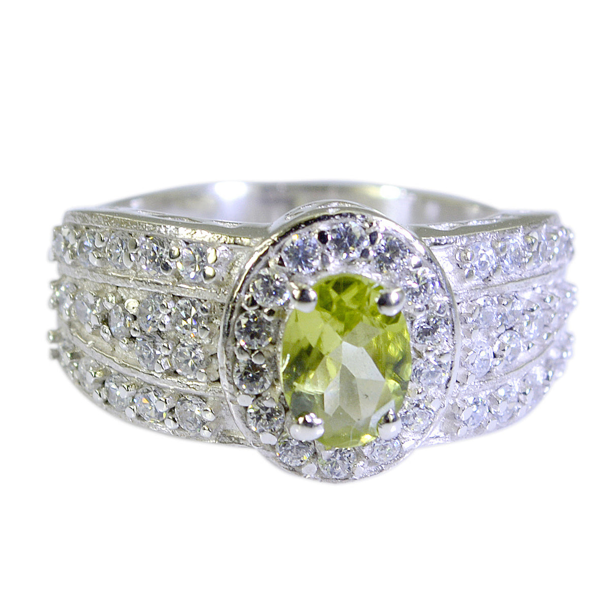 Peridot Halo French 925 Sterling Silver Green Gems Eye catching Trendy Ring Jewelry Immagine principale del prodotto