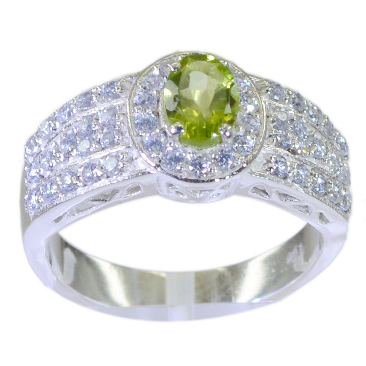 Bague tendance et accrocheuse en argent sterling 925 avec halo de péridot et pierres précieuses vertes Image secondaire du produit
