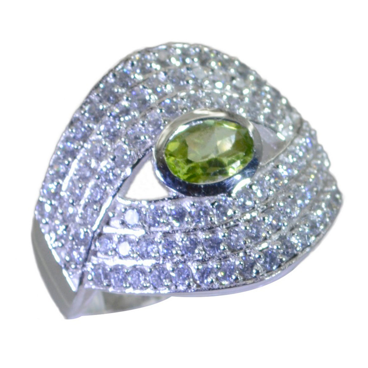 Anello moderno versatile con pietra preziosa verde in argento 92,5 con alone di peridoto russo Immagine secondaria del prodotto