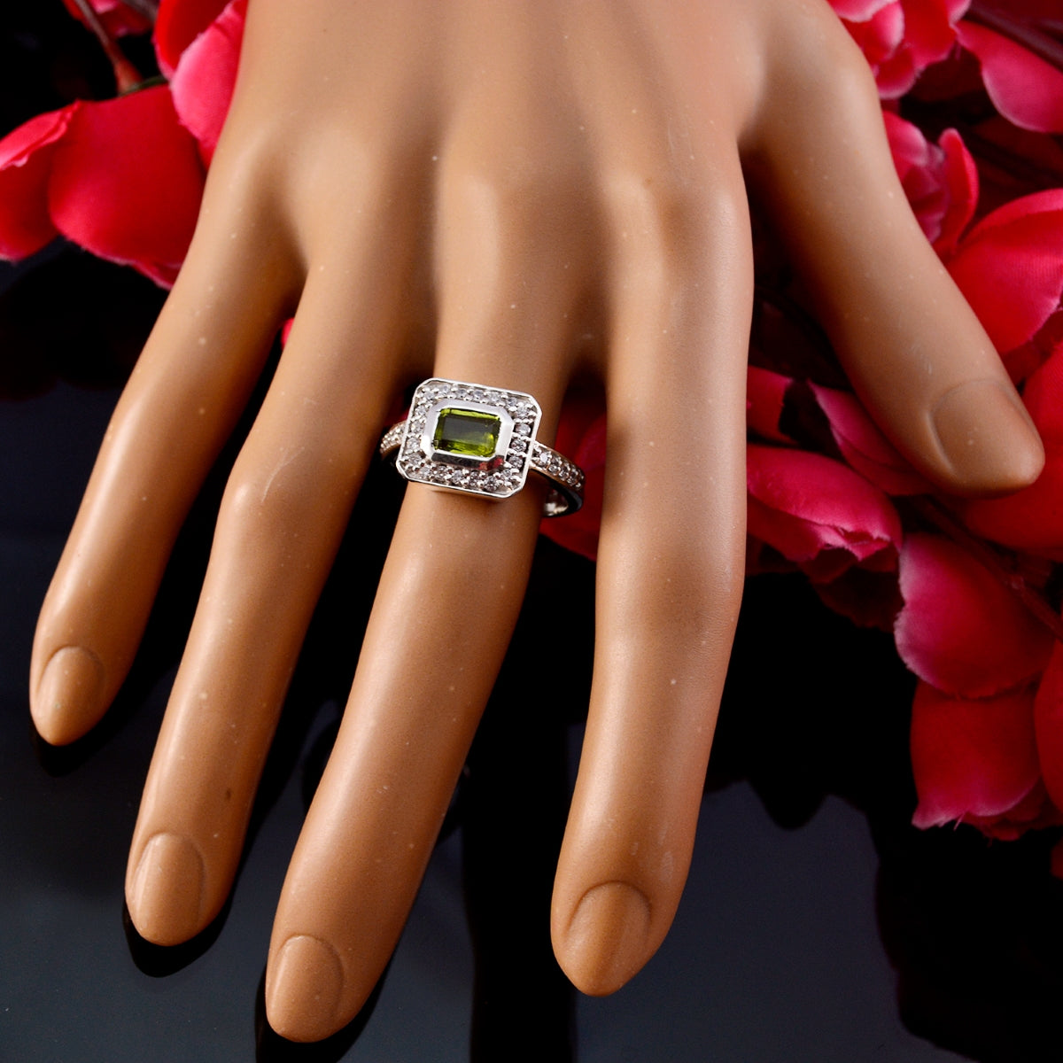 Peridot Halo French Silver Green Gems Classic Fairytale Ring Jewellery
