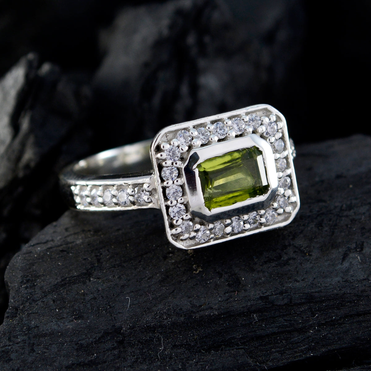 Peridot Halo French Silver Green Gems Classic Fairytale Ring Jewellery