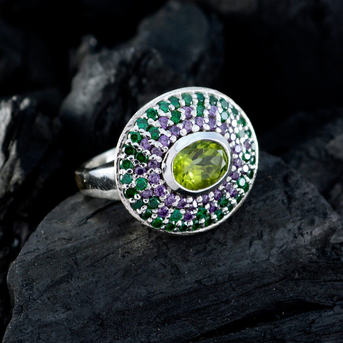 Peridot Halo French Sterling Silver Green Gemstones Eye catching Trendy Ring Jewellery