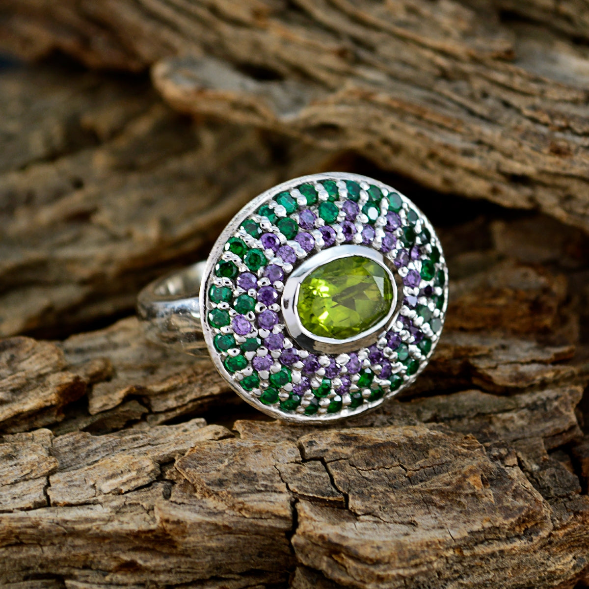 Peridot Halo French Sterling Silver Green Gemstones Eye catching Trendy Ring Jewellery