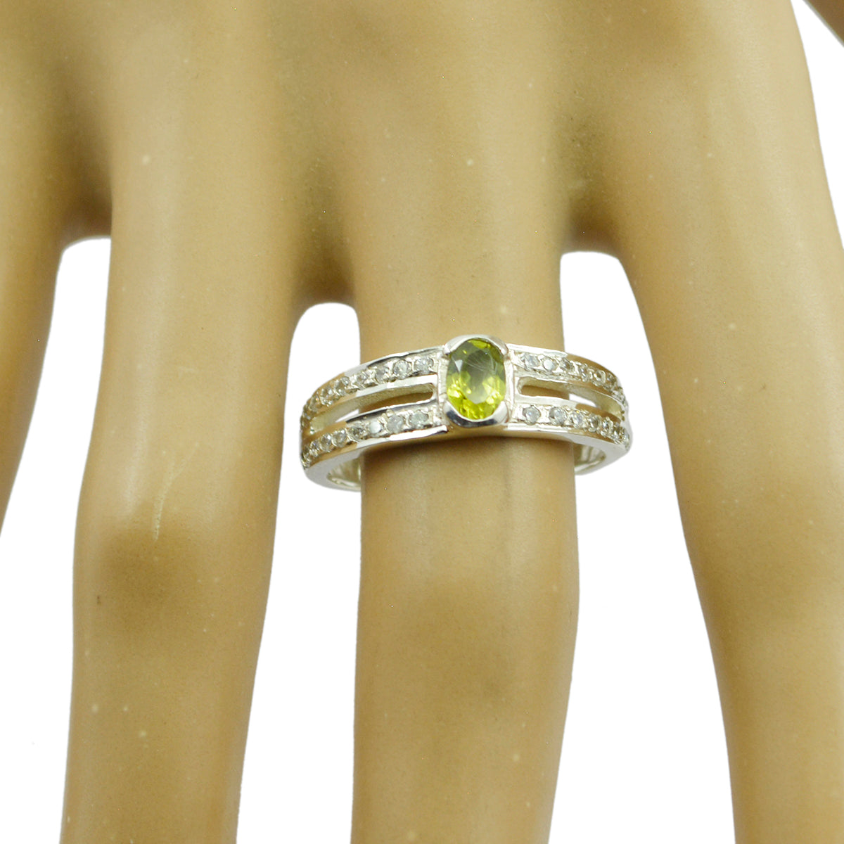 Peridot Halo Französisch 925 Sterling Silber Grüne Edelsteine Federleicht Luxuriöser Ring Schmuck