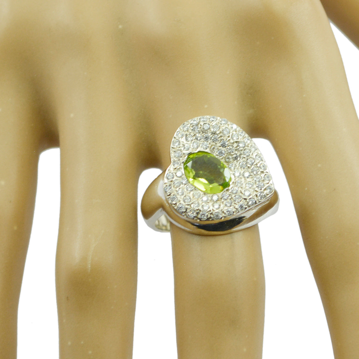 Peridot Halo German 92.5 Silver Green Gemstones Eye catching Contemporary Ring Jewelry