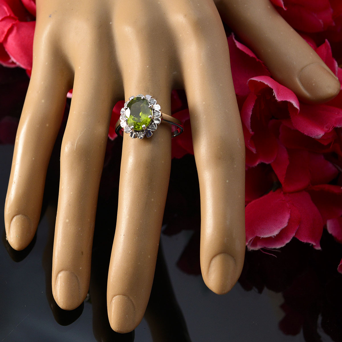 Peridot Halo Turkish Sterling Silver Green Gemstone Whisper thin Glamorous Ring Jewellery