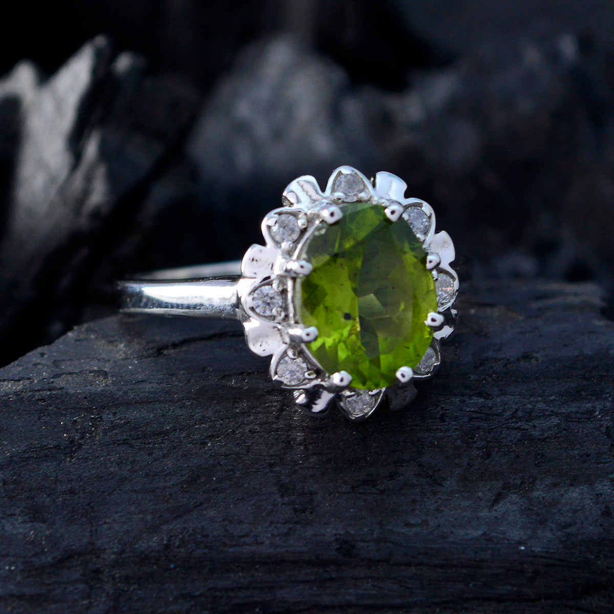 Peridot Halo Turkish Sterling Silver Green Gemstone Whisper thin Glamorous Ring Jewellery