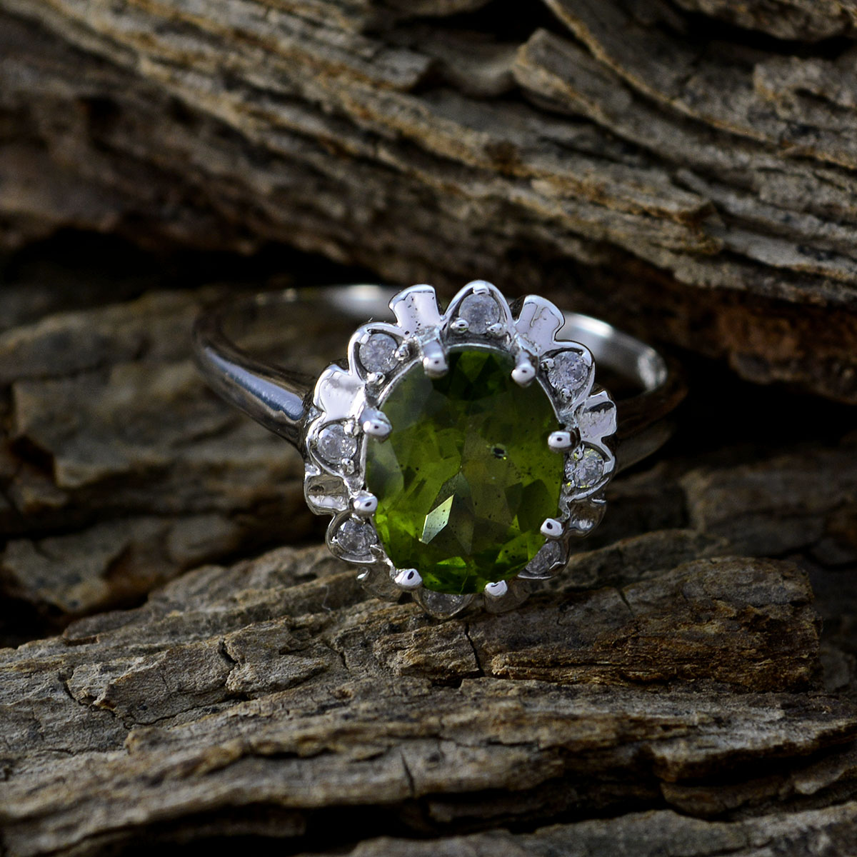Peridot Halo Turkish Sterling Silver Green Gemstone Whisper thin Glamorous Ring Jewellery