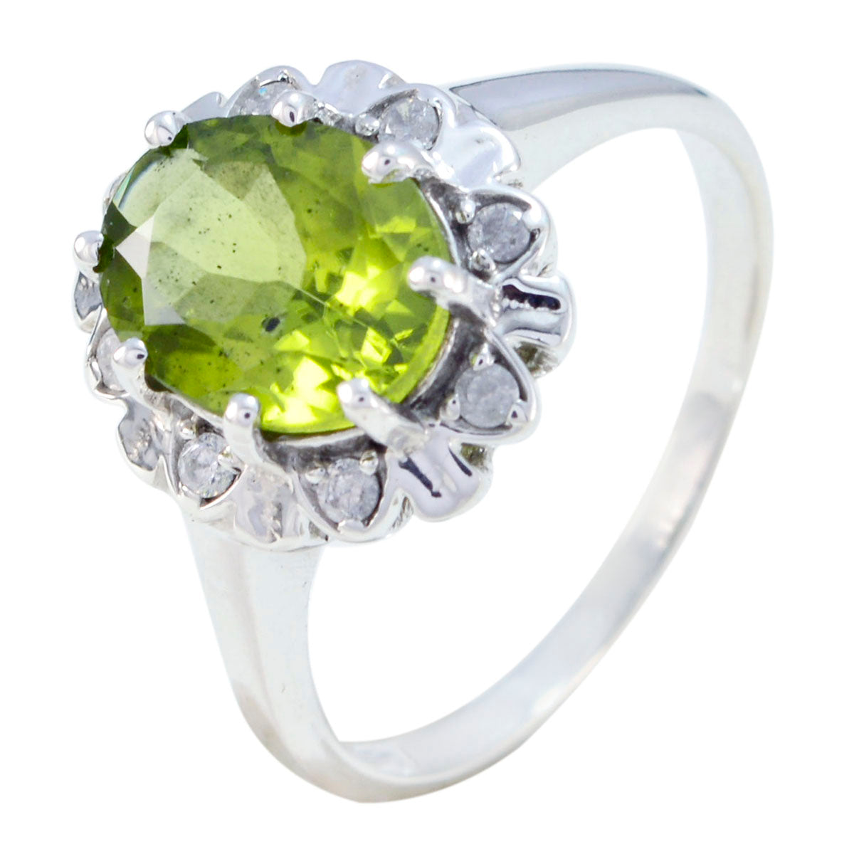 Peridot Halo Turkish Sterling Silver Green Gemstone Whisper thin Glamorous Ring Jewellery メイン画像
