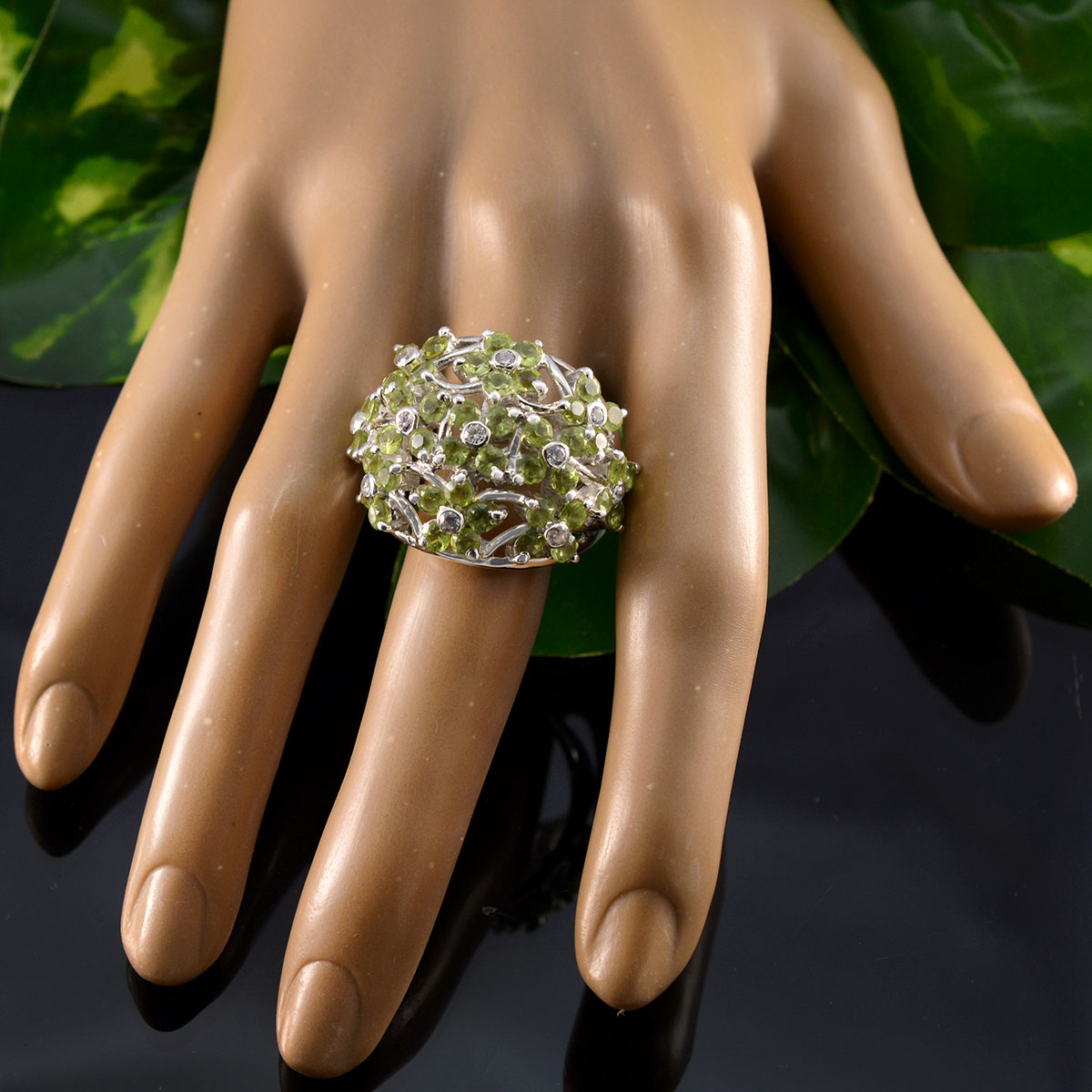 Peridot multiple African Sterling Silver Green Gems Statement Floral Ring Jewelry