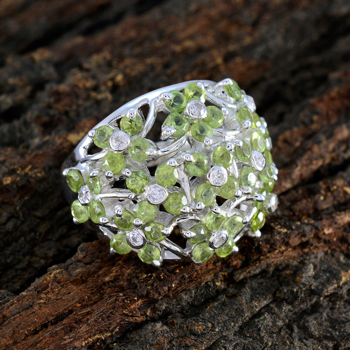 Peridot multiple African Sterling Silver Green Gems Statement Floral Ring Jewelry