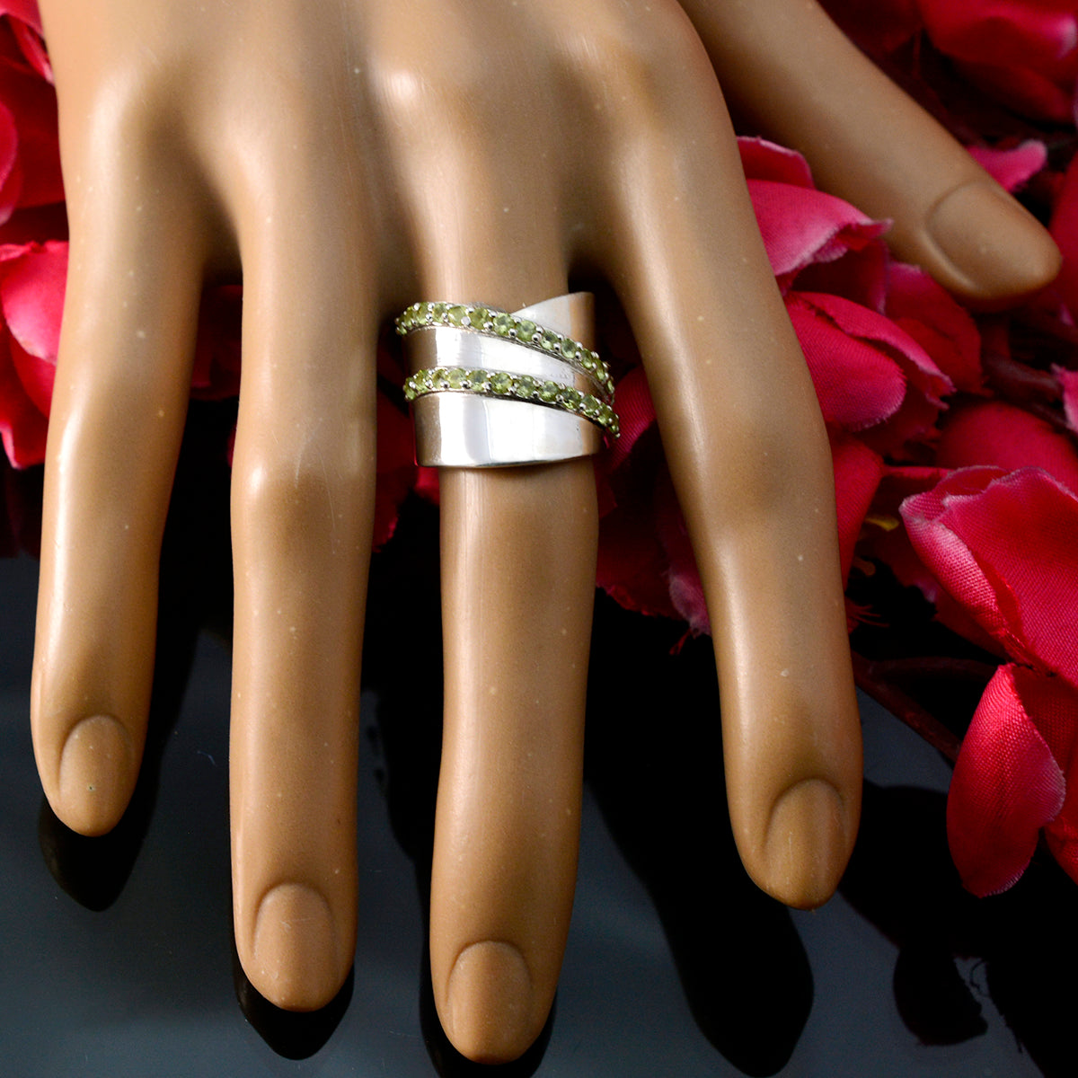 Peridot multiple Moroccan 92.5 Silver Green Gemstones Eye catching Art Deco Ring Jewellery